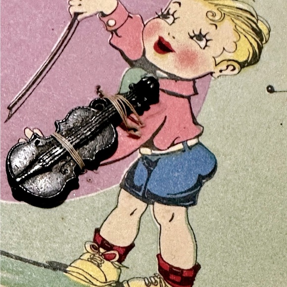 Vintage Early 1910’s Hallmark Valentines Day Card Hard Plastic Violin Toy Trim - Picture 3 of 7